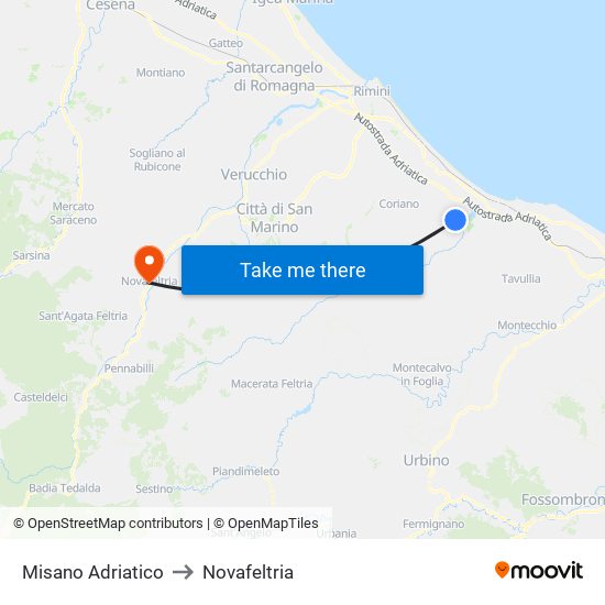 Misano Adriatico to Novafeltria map