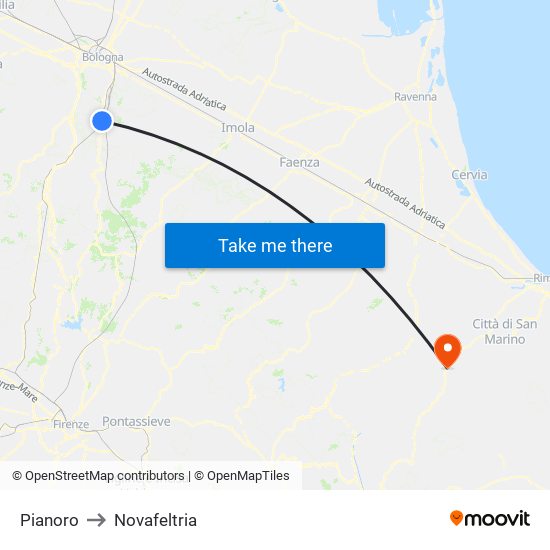 Pianoro to Novafeltria map