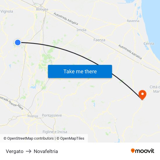 Vergato to Novafeltria map