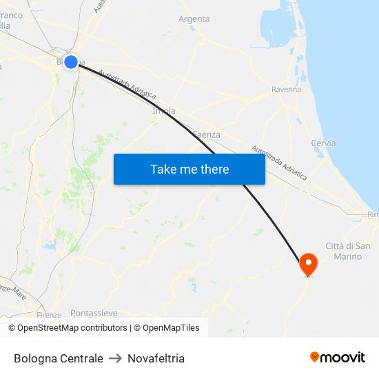 Bologna Centrale to Novafeltria map