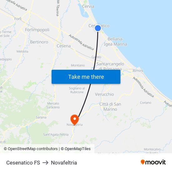 Cesenatico FS to Novafeltria map