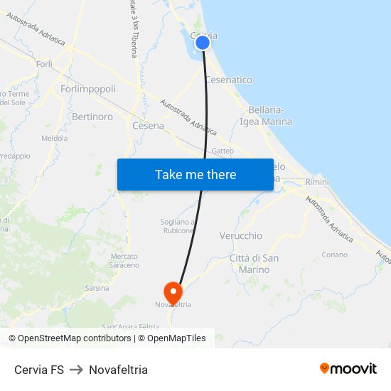 Cervia FS to Novafeltria map