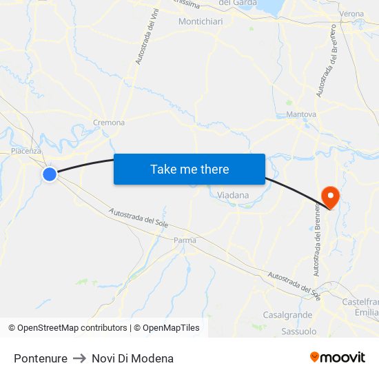 Pontenure to Novi Di Modena map
