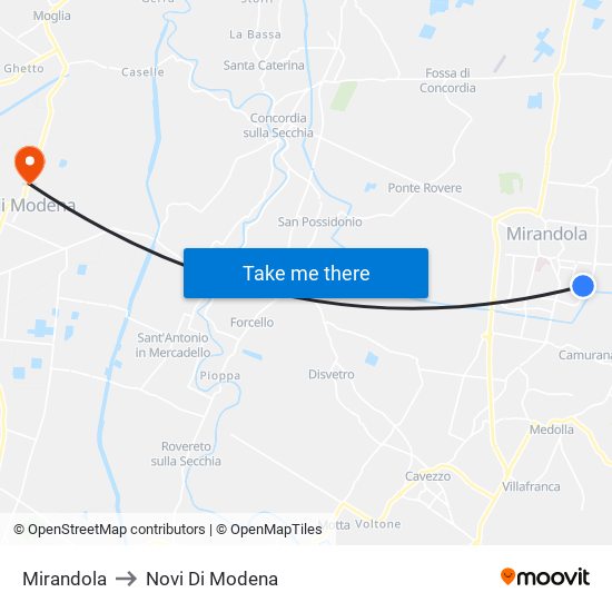 Mirandola to Novi Di Modena map