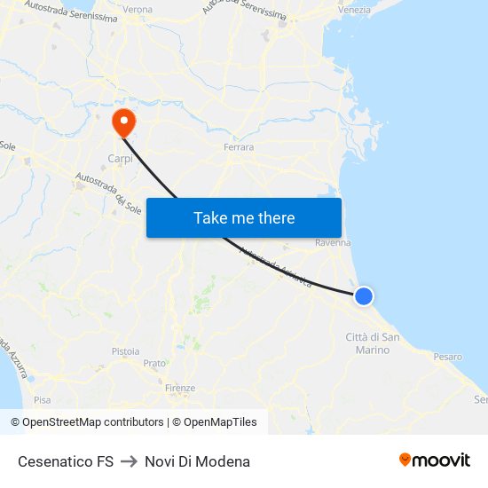 Cesenatico FS to Novi Di Modena map