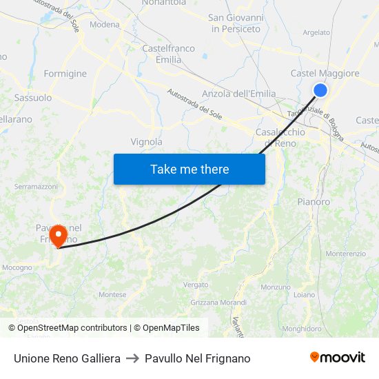 Unione Reno Galliera to Pavullo Nel Frignano map