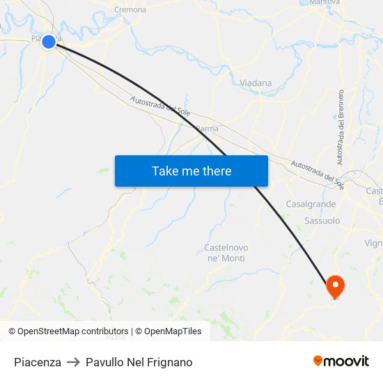 Piacenza to Pavullo Nel Frignano map