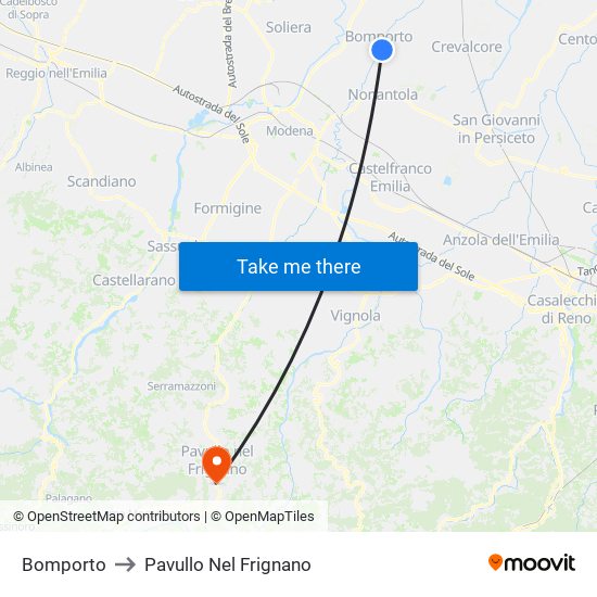 Bomporto to Pavullo Nel Frignano map