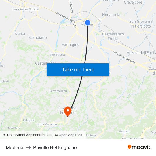 Modena to Pavullo Nel Frignano map