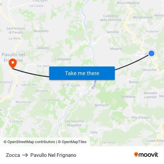 Zocca to Pavullo Nel Frignano map