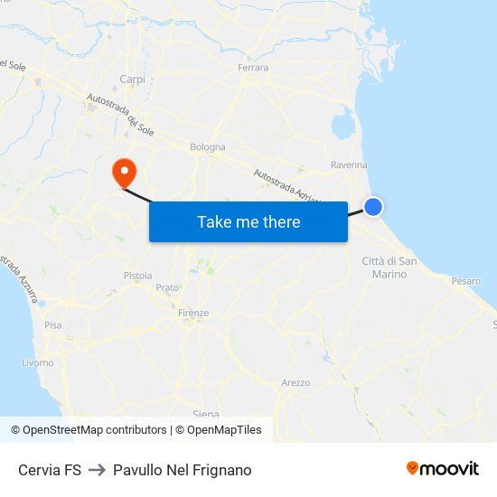 Cervia FS to Pavullo Nel Frignano map