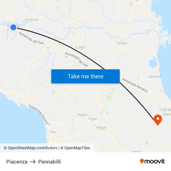 Piacenza to Pennabilli map