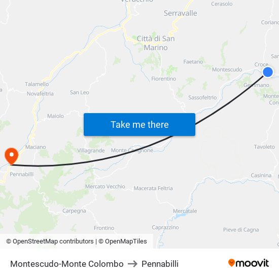 Montescudo-Monte Colombo to Pennabilli map