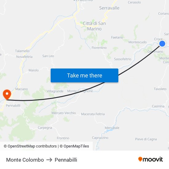 Monte Colombo to Pennabilli map