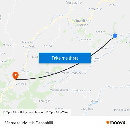 Montescudo to Pennabilli map