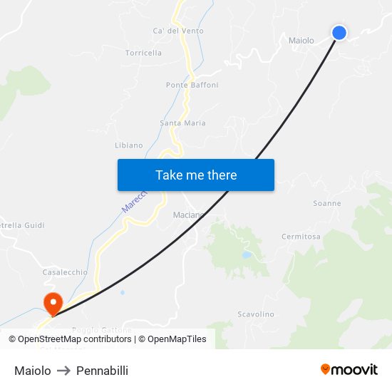 Maiolo to Pennabilli map