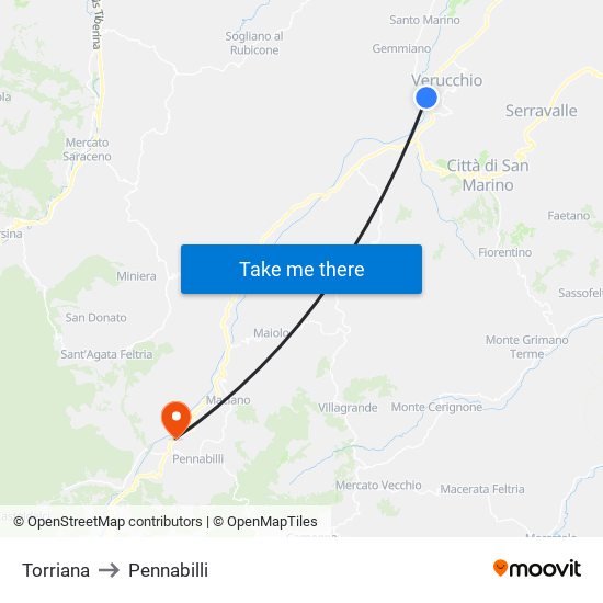 Torriana to Pennabilli map