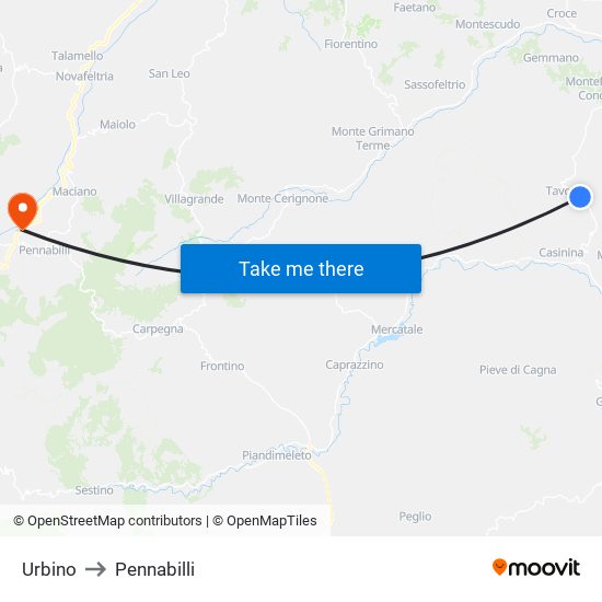 Urbino to Pennabilli map