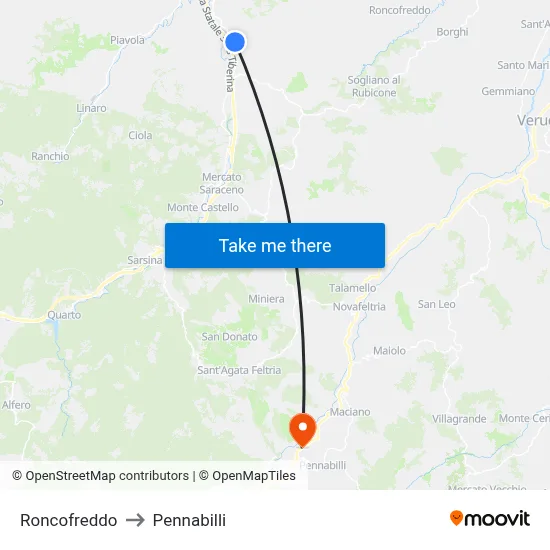 Roncofreddo to Pennabilli map