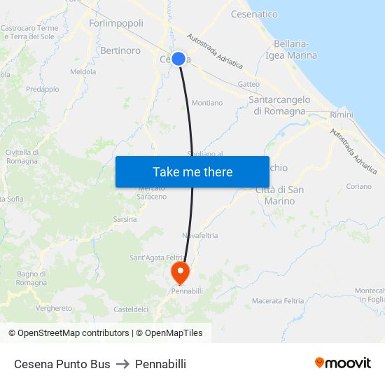 Cesena Punto Bus to Pennabilli map