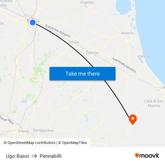 Ugo Bassi to Pennabilli map