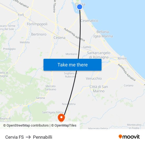 Cervia FS to Pennabilli map