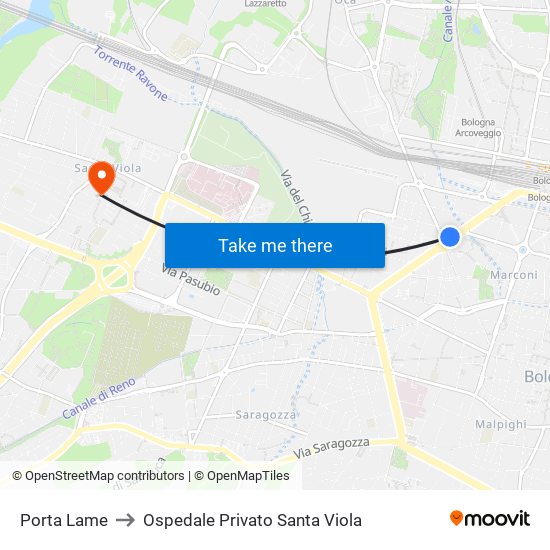 Porta Lame to Ospedale Privato Santa Viola map