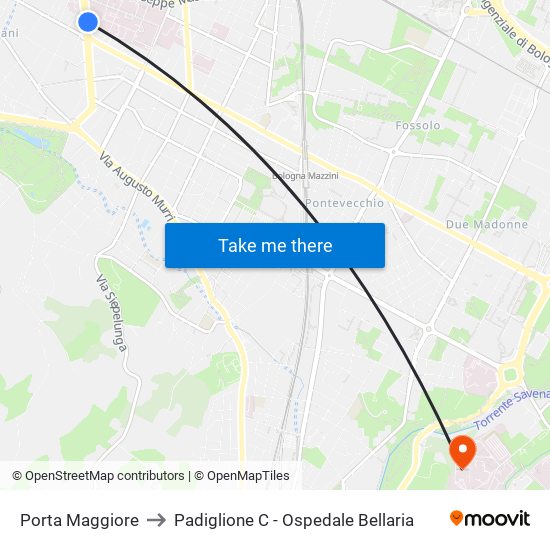 Porta Maggiore to Padiglione C - Ospedale Bellaria map