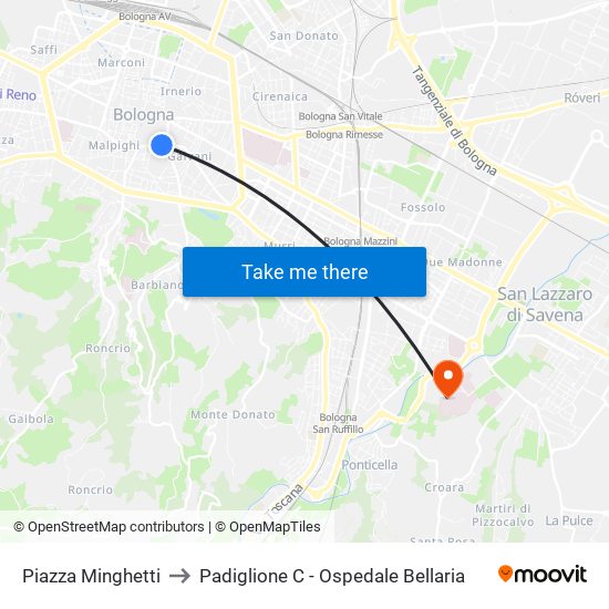 Piazza Minghetti to Padiglione C - Ospedale Bellaria map