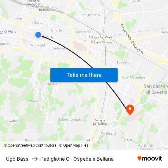 Ugo Bassi to Padiglione C - Ospedale Bellaria map