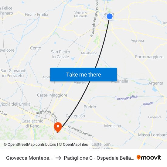 Giovecca Montebello to Padiglione C - Ospedale Bellaria map