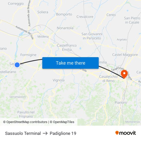 Sassuolo Terminal to Padiglione 19 map