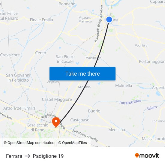 Ferrara to Padiglione 19 map
