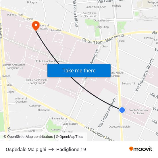 Ospedale Malpighi to Padiglione 19 map