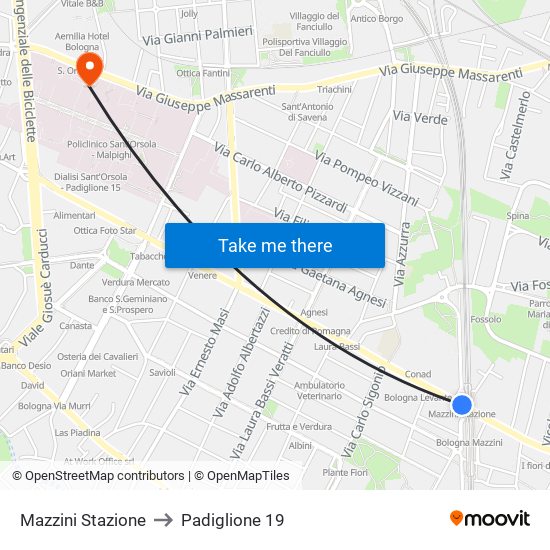 Mazzini Stazione to Padiglione 19 map
