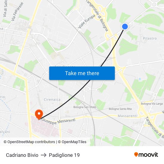 Cadriano Bivio to Padiglione 19 map