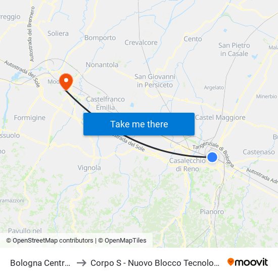 Bologna Centrale to Corpo S - Nuovo Blocco Tecnologico map