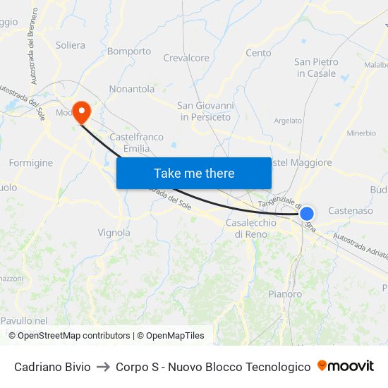 Cadriano Bivio to Corpo S - Nuovo Blocco Tecnologico map