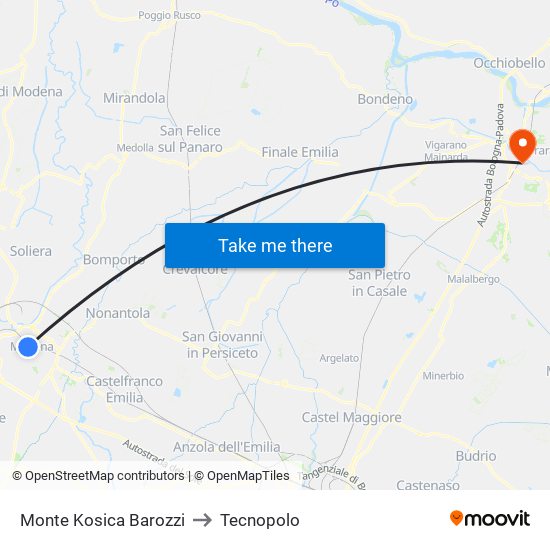 Monte Kosica Barozzi to Tecnopolo map