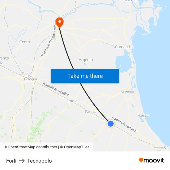 Forlì to Tecnopolo map