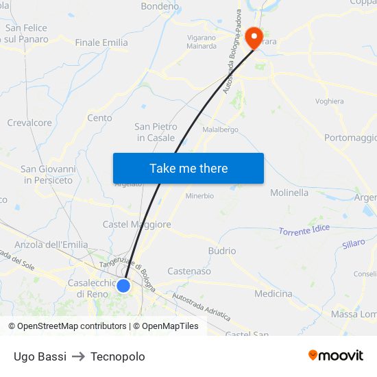 Ugo Bassi to Tecnopolo map