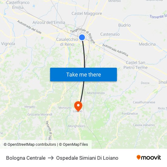 Bologna Centrale to Ospedale Simiani Di Loiano map