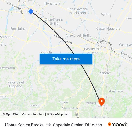 Monte Kosica Barozzi to Ospedale Simiani Di Loiano map