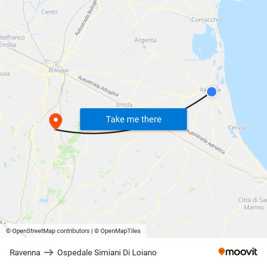 Ravenna to Ospedale Simiani Di Loiano map