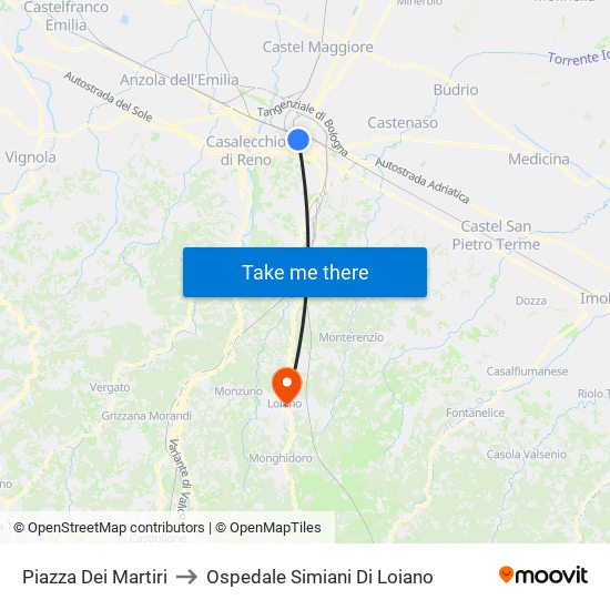 Piazza Dei Martiri to Ospedale Simiani Di Loiano map