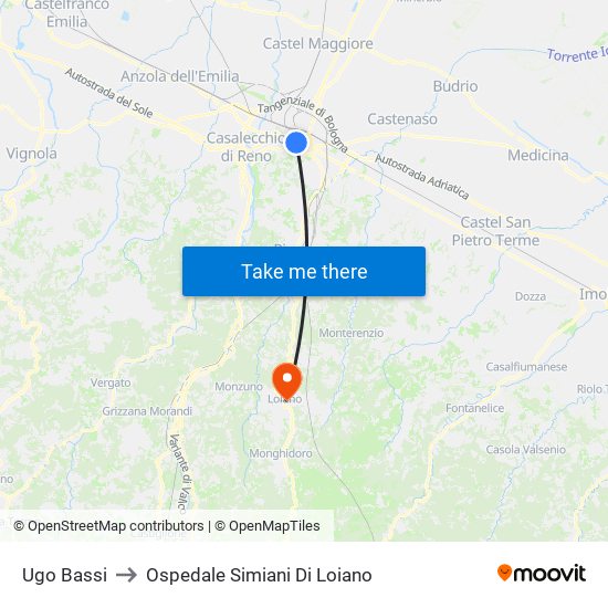 Ugo Bassi to Ospedale Simiani Di Loiano map