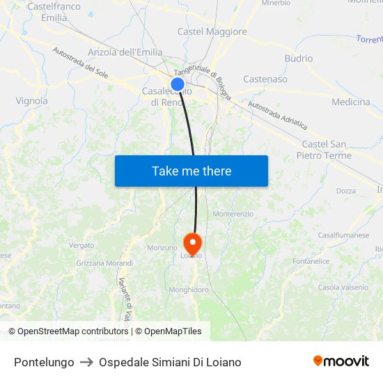 Pontelungo to Ospedale Simiani Di Loiano map