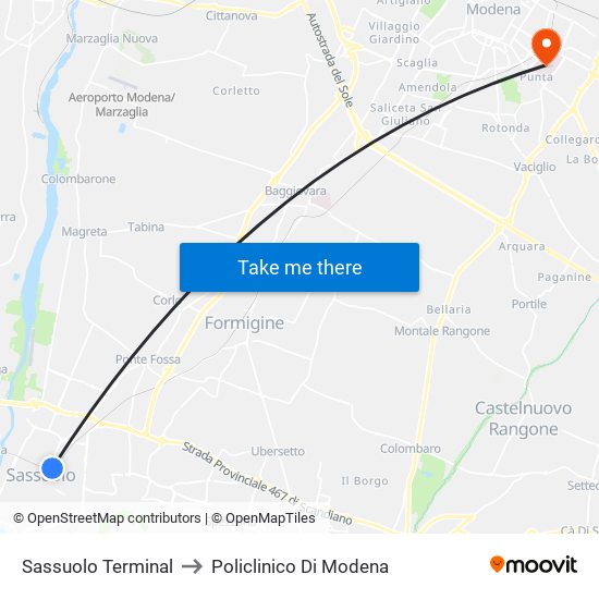 Sassuolo Terminal to Policlinico Di Modena map