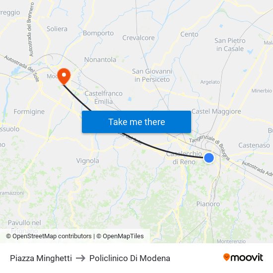 Piazza Minghetti to Policlinico Di Modena map