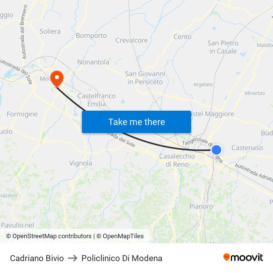 Cadriano Bivio to Policlinico Di Modena map